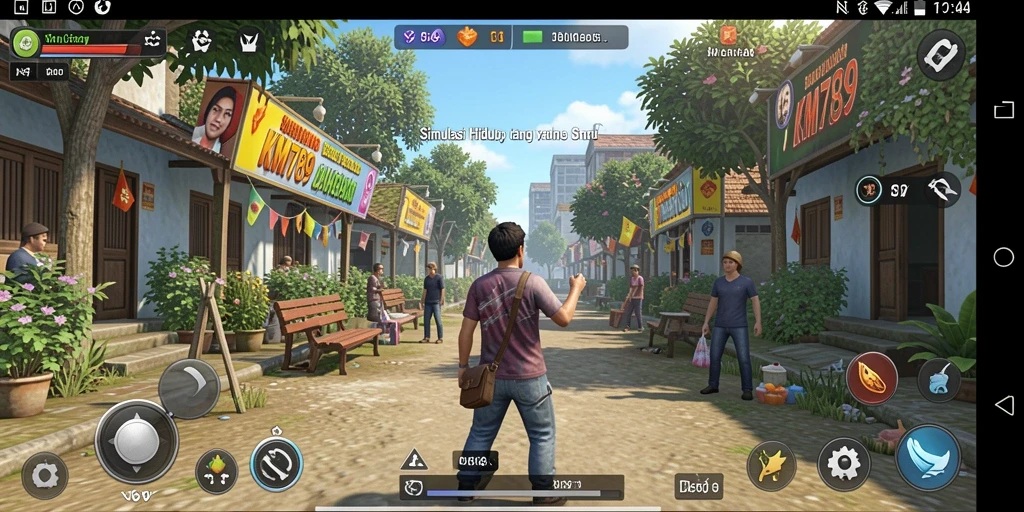 Tampilan gameplay KM789 yang menggambarkan simulasi kehidupan yang interaktif.
