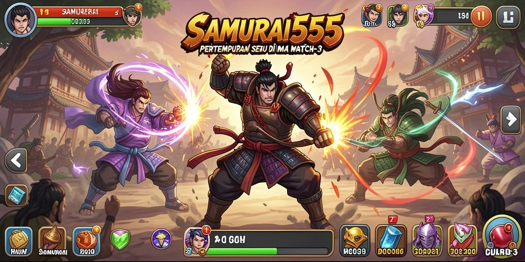 Tampilan gameplay menarik dari SAMURAI555 dengan kombinasi berbagai simbol.