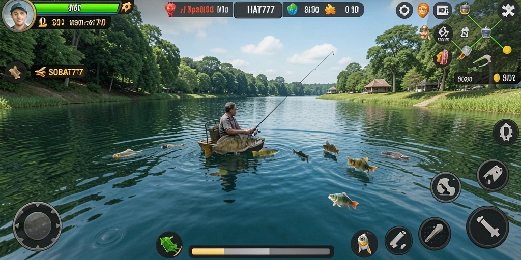 Tampilan menarik dari gameplay SOBAT777 dengan berbagai lokasi memancing.